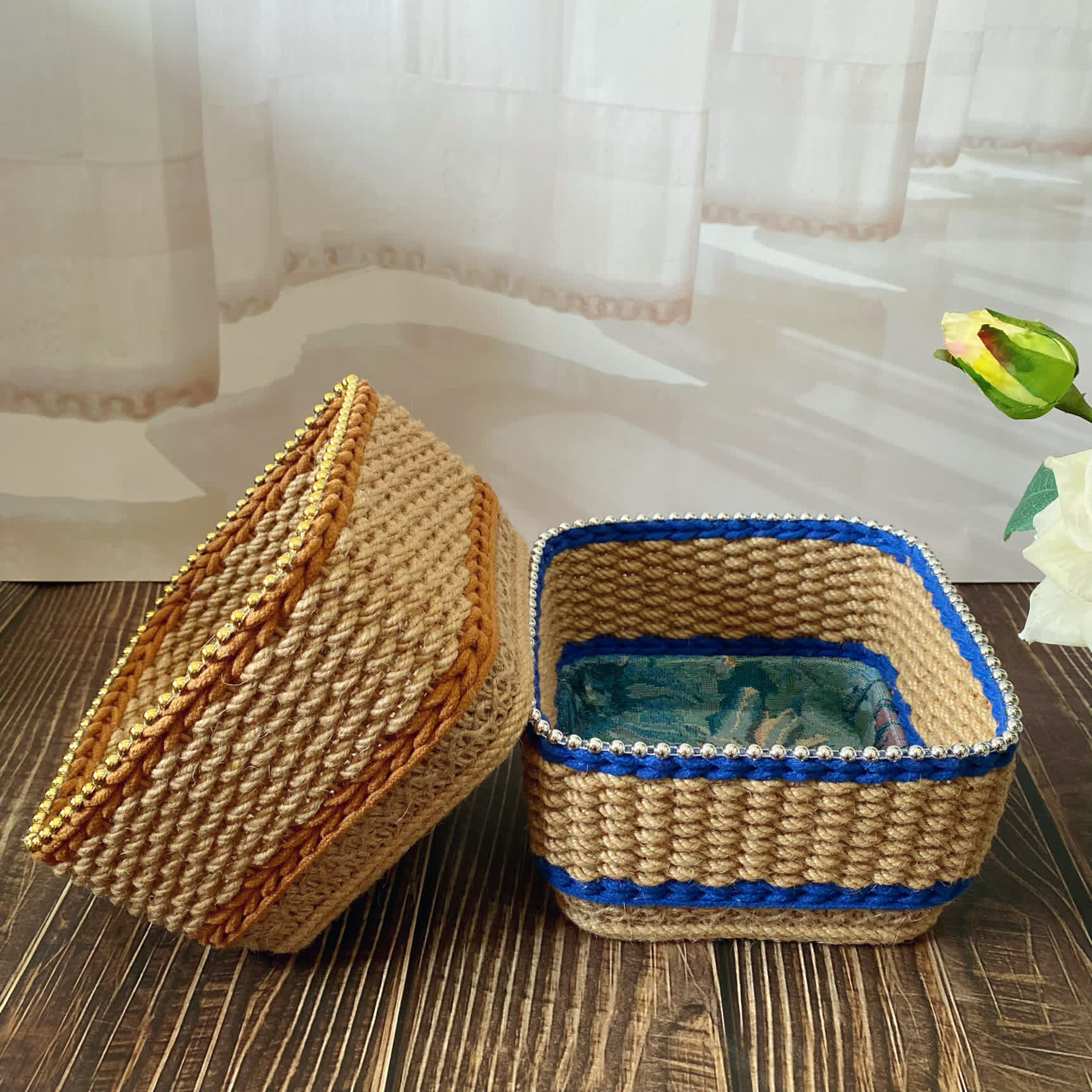 Vintage Floral Hand-woven Storage Basket | Hemp Rope | Set of 2