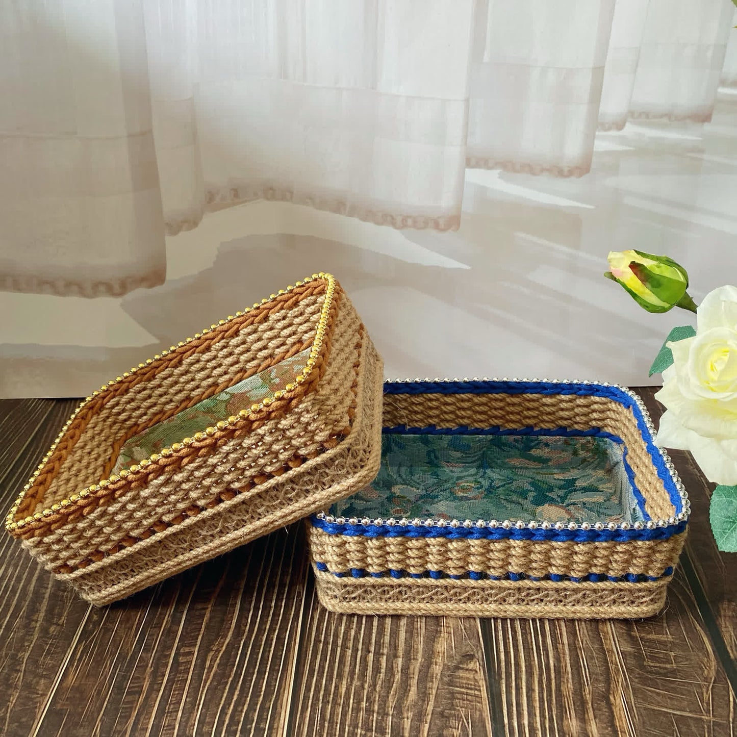 Vintage Floral Hand-woven Storage Basket | Hemp Rope | Set of 2