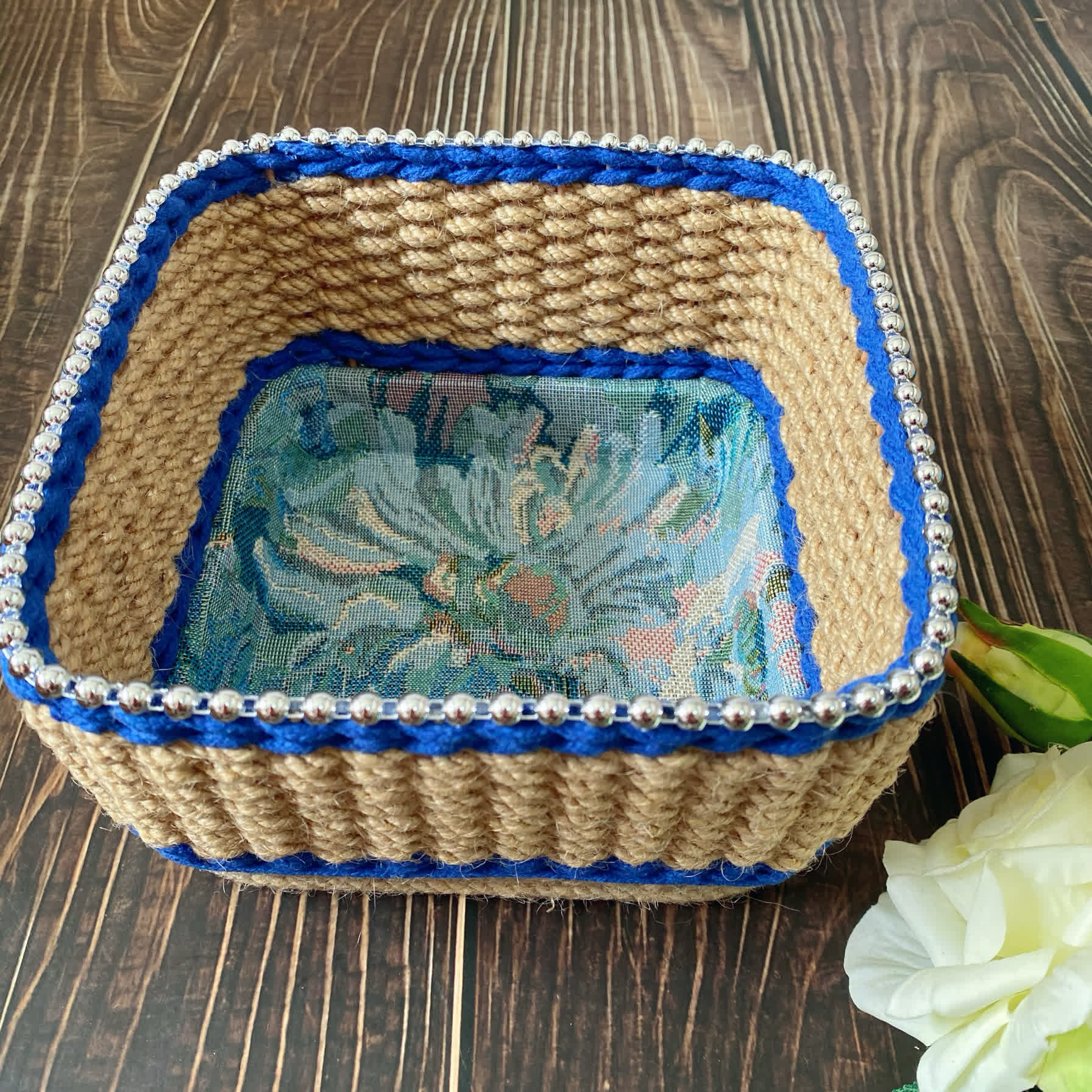 Vintage Floral Hand-woven Storage Basket | Hemp Rope | Set of 2