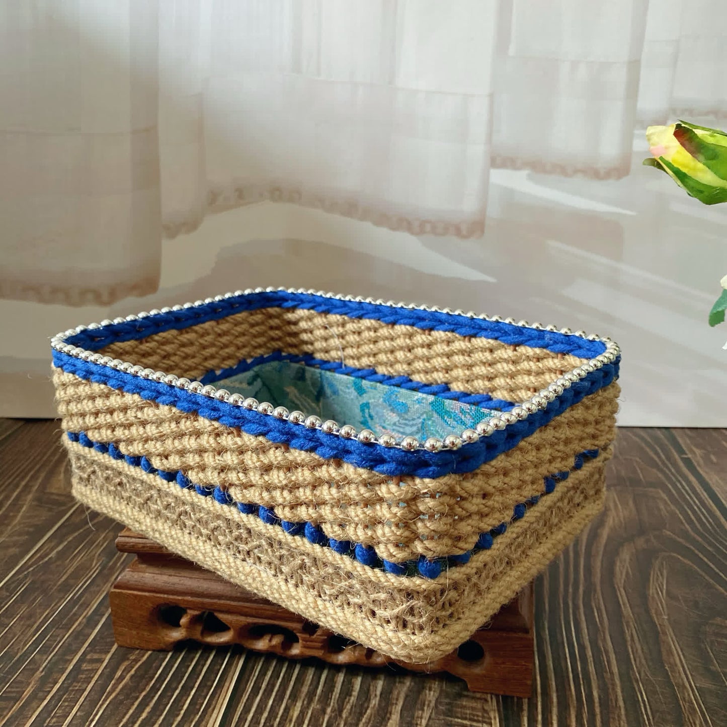 Vintage Floral Hand-woven Storage Basket | Hemp Rope | Set of 2