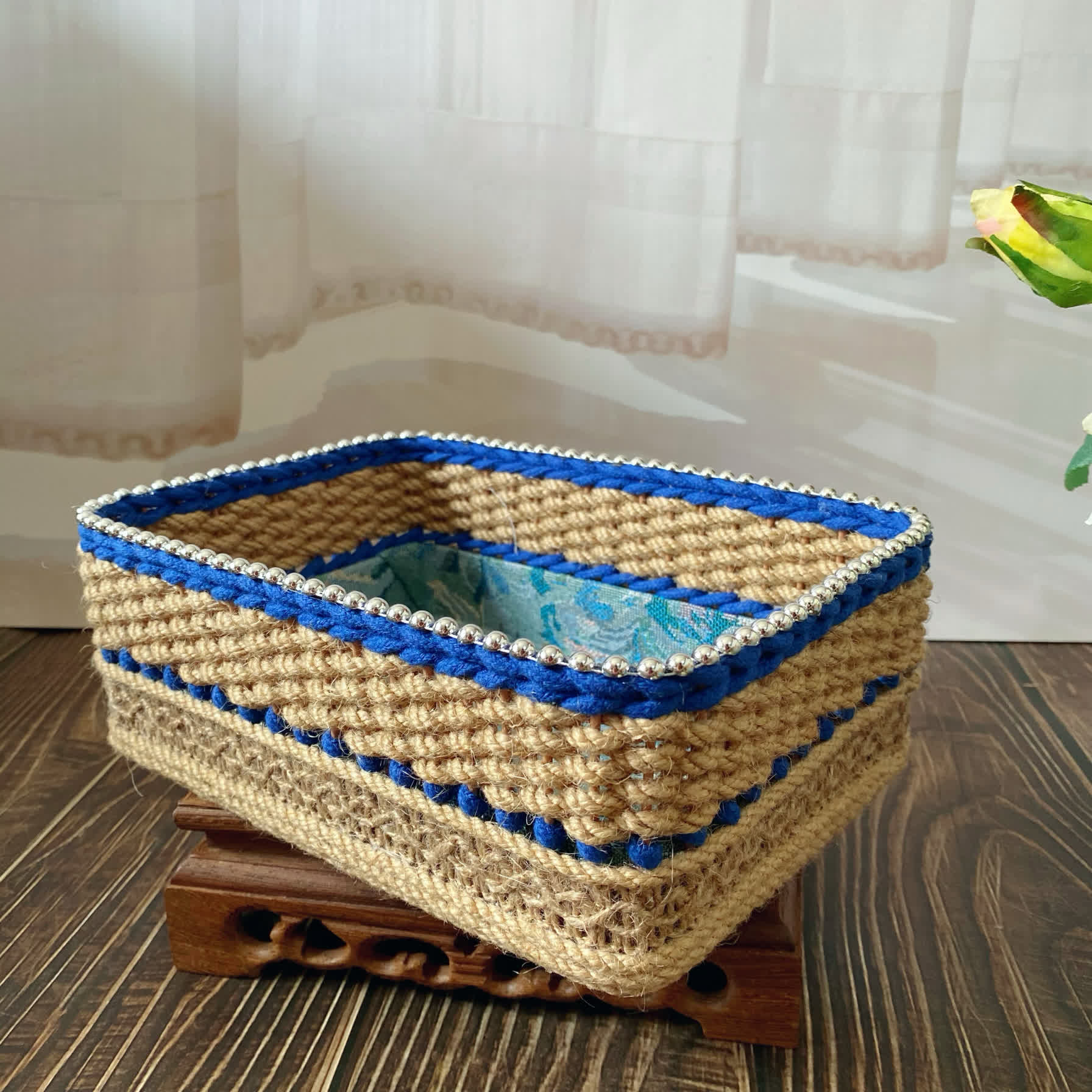 Vintage Floral Hand-woven Storage Basket | Hemp Rope | Set of 2