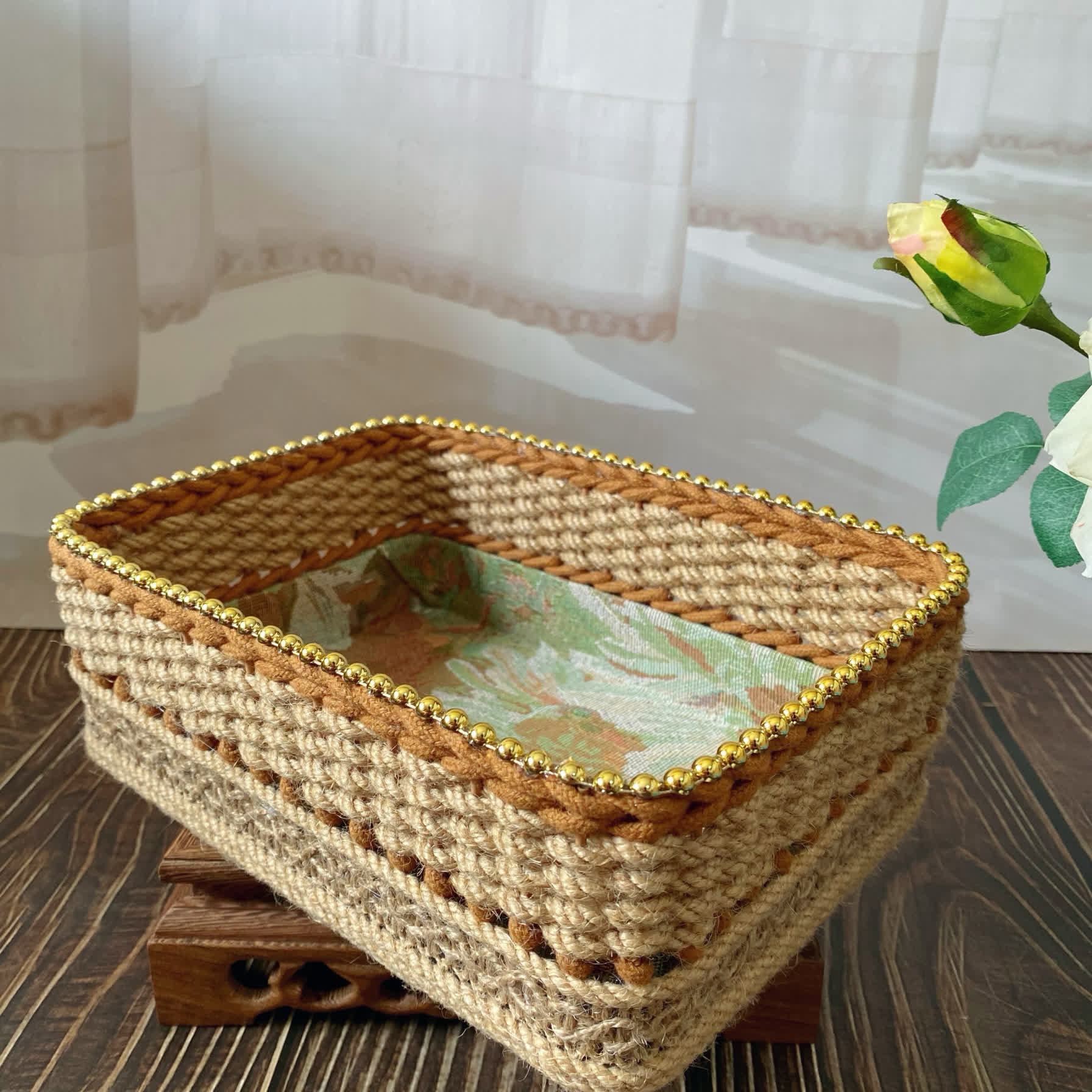 Vintage Floral Hand-woven Storage Basket | Hemp Rope | Set of 2