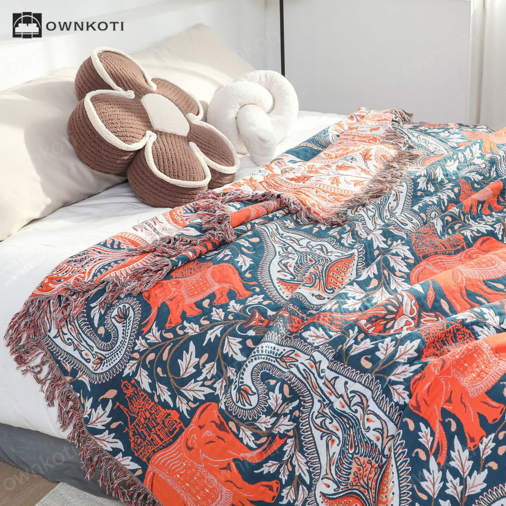 Paisley Elephant Tassel Cotton Sofa Blanket