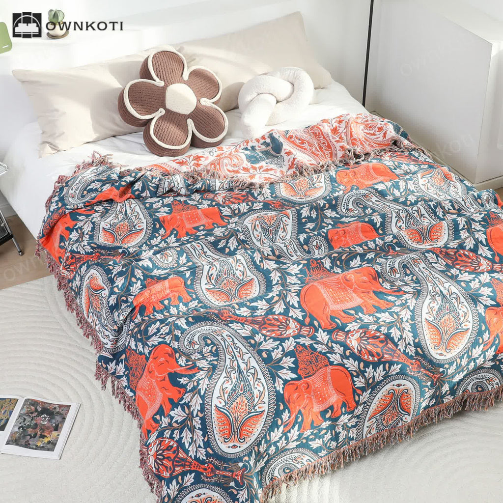 Paisley Elephant Tassel Cotton Sofa Blanket