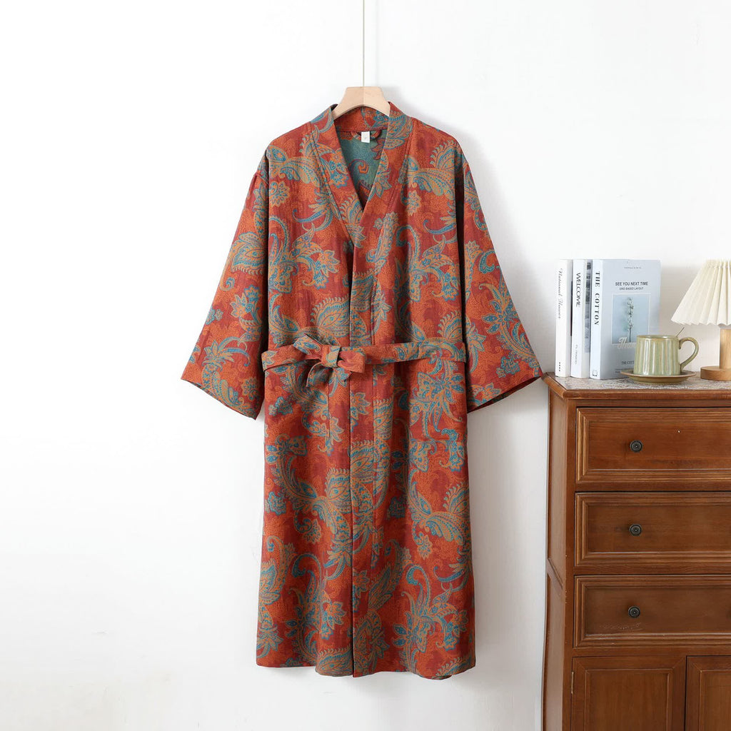 Cotton Bathrobe | Quick-Dry Retro Jacquard | Relaxed Fit