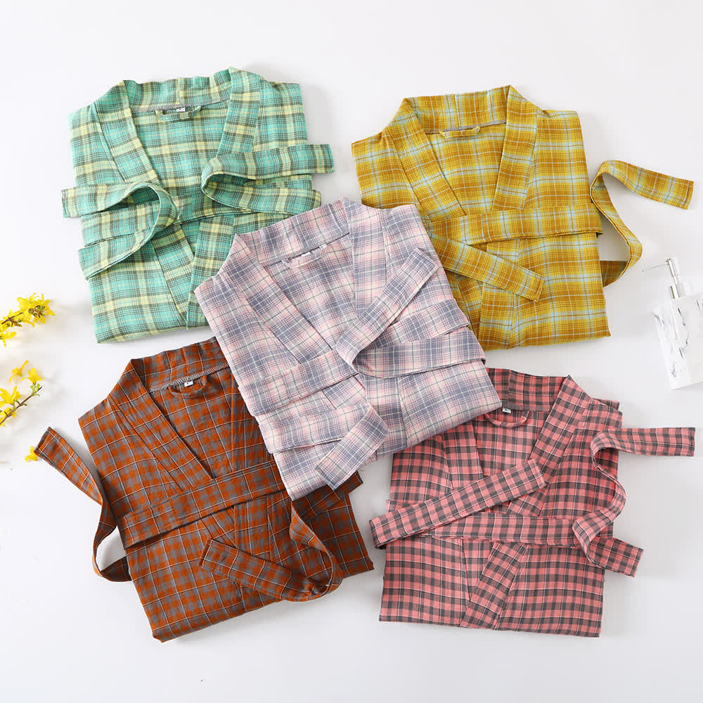 Cotton Gauze Bathrobe | Lightweight Jacquard Plaid | Soft and Breathable