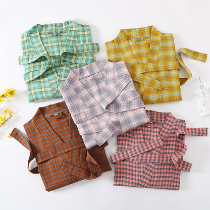 Cotton Gauze Bathrobe | Lightweight Jacquard Plaid | Soft and Breathable