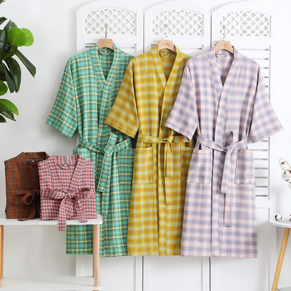 Cotton Gauze Bathrobe | Lightweight Jacquard Plaid | Soft and Breathable