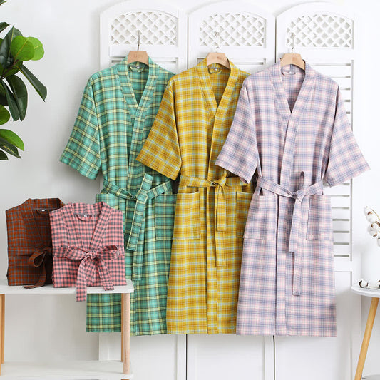 Cotton Gauze Bathrobe | Lightweight Jacquard Plaid | Soft and Breathable