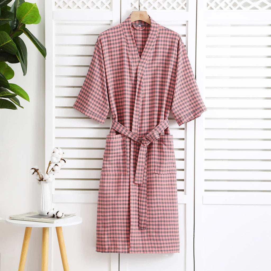 Cotton Gauze Bathrobe | Lightweight Jacquard Plaid | Soft and Breathable