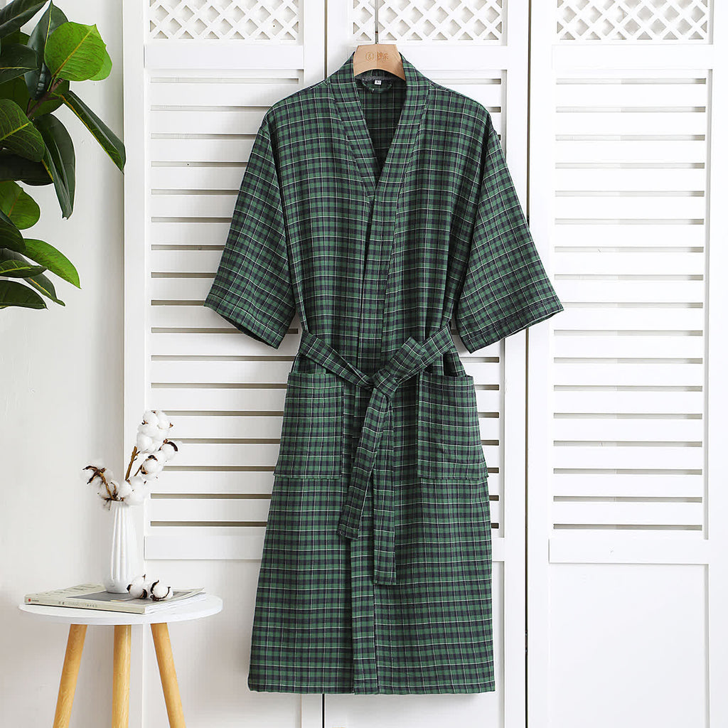 Cotton Gauze Bathrobe | Lightweight Jacquard Plaid | Soft and Breathable