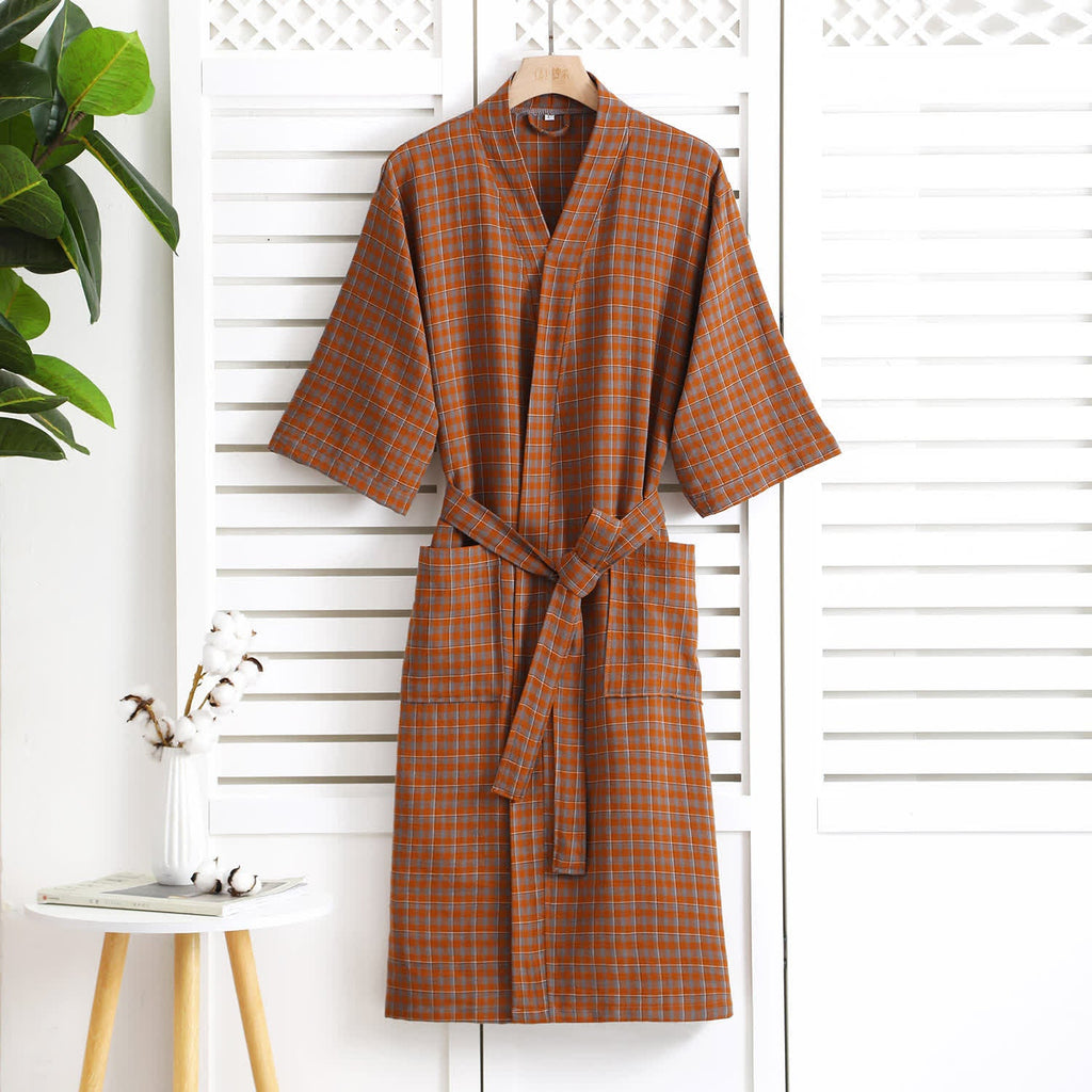 Cotton Gauze Bathrobe | Lightweight Jacquard Plaid | Soft and Breathable