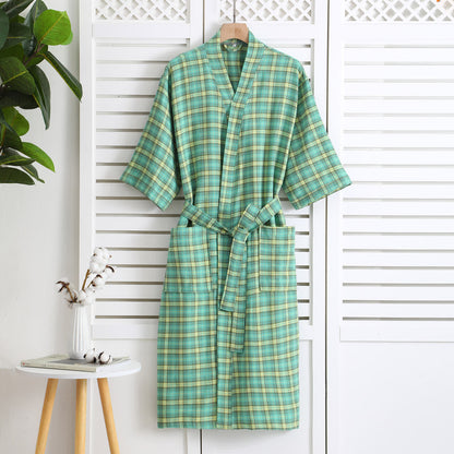 Cotton Gauze Bathrobe | Lightweight Jacquard Plaid | Soft and Breathable
