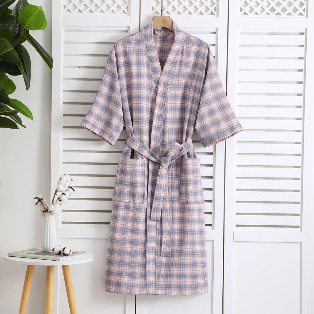 Cotton Gauze Bathrobe | Lightweight Jacquard Plaid | Soft and Breathable