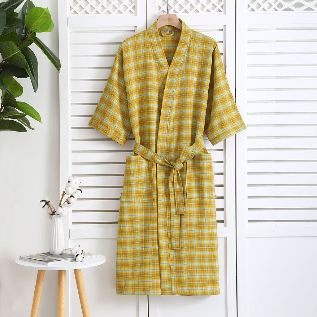 Cotton Gauze Bathrobe | Lightweight Jacquard Plaid | Soft and Breathable