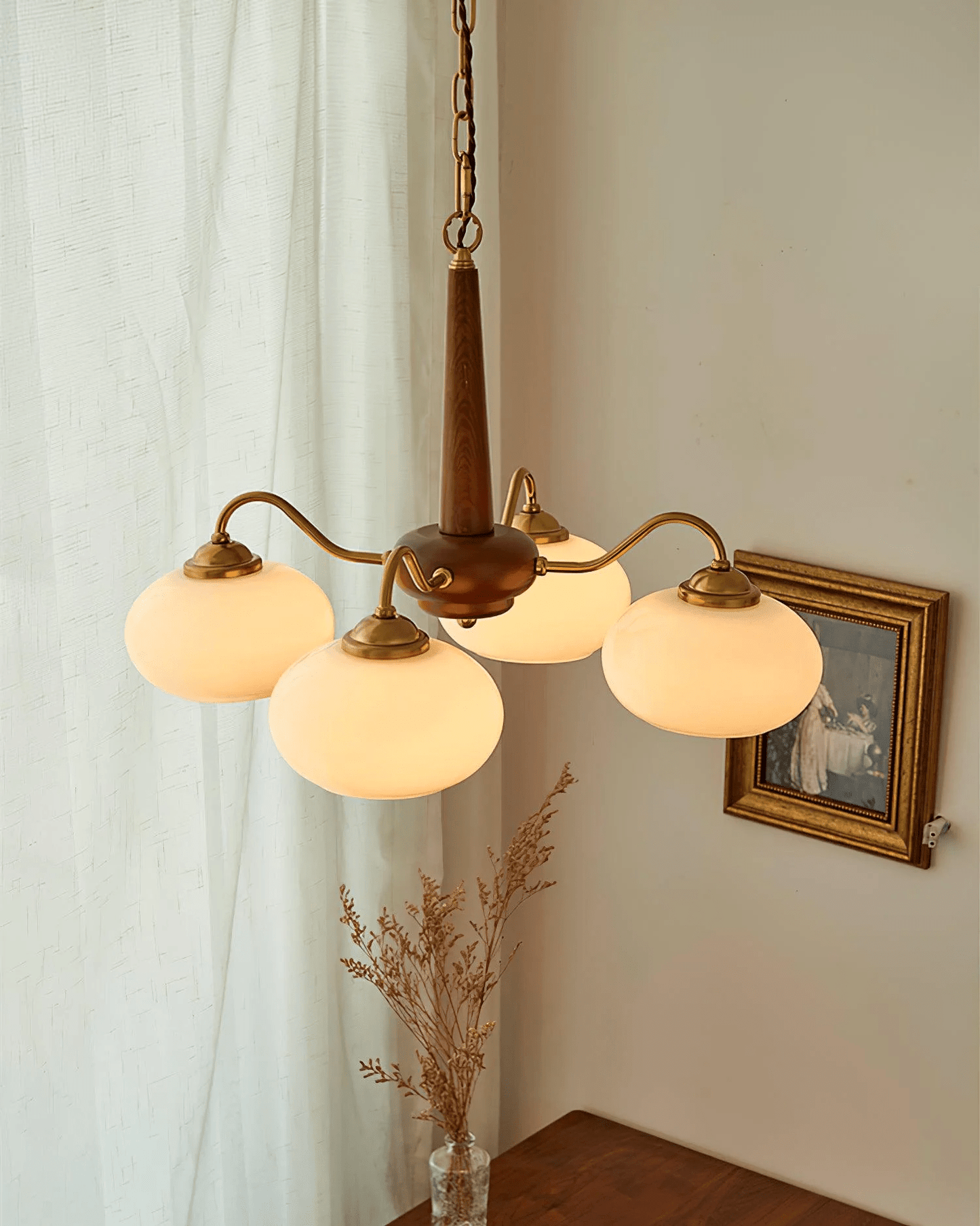 Persimmon Chandelier | Wood & Metal | Gold & Walnut Retro Style