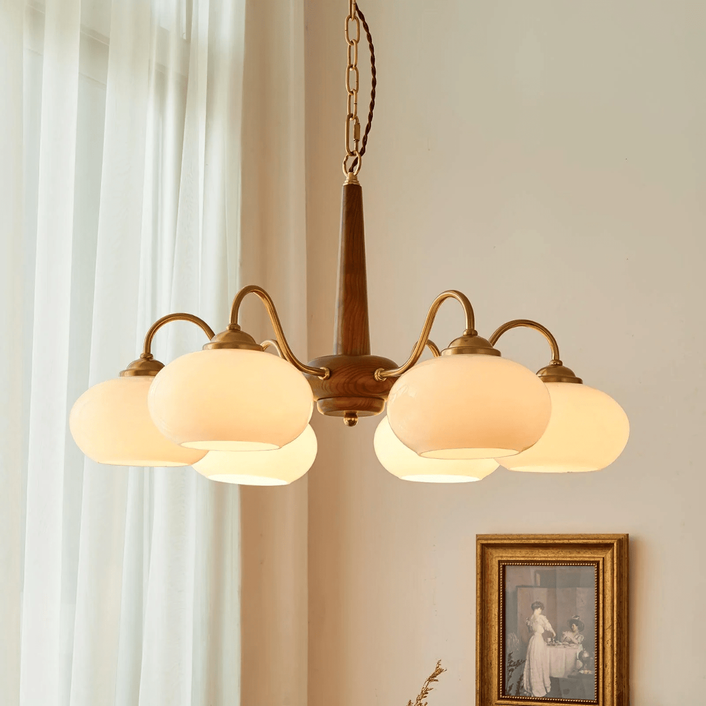 Persimmon Chandelier | Wood & Metal | Gold & Walnut Retro Style