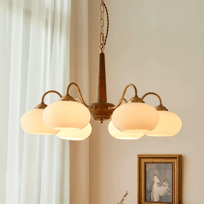 Persimmon Chandelier | Wood & Metal | Gold & Walnut Retro Style