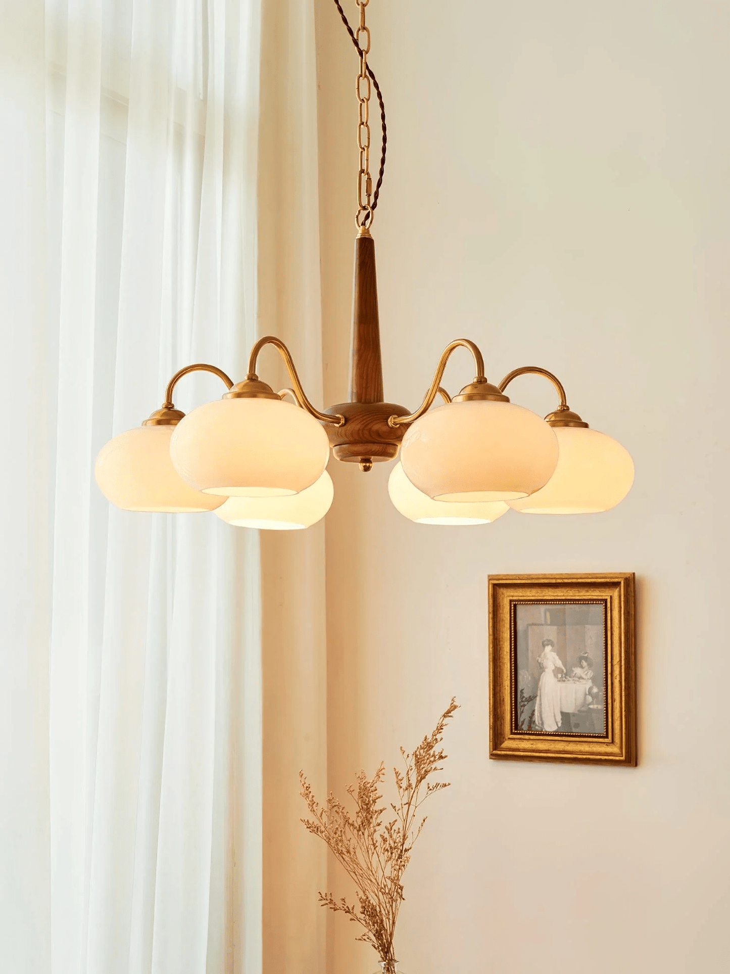 Persimmon Chandelier | Wood & Metal | Gold & Walnut Retro Style