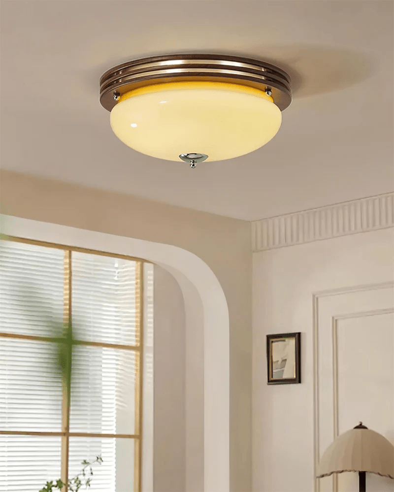 Ceiling Light Fixture | Wood-Grain Metal & Frosted Glass | 40cm Diameter