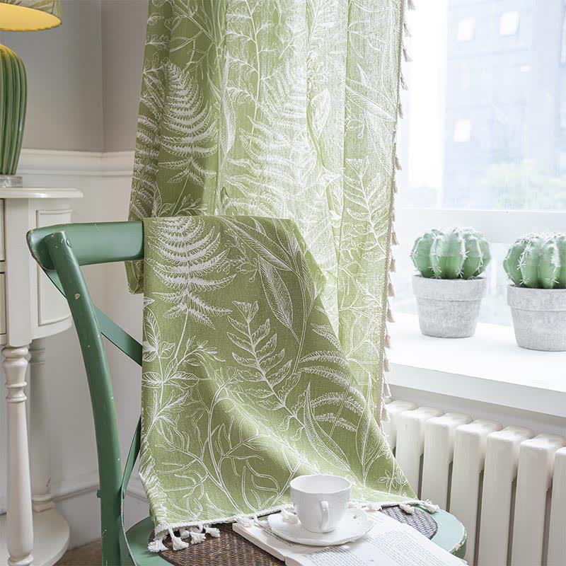 Green Leaf Semi-Blackout Curtain | Cotton Fabric | Multiple Sizes