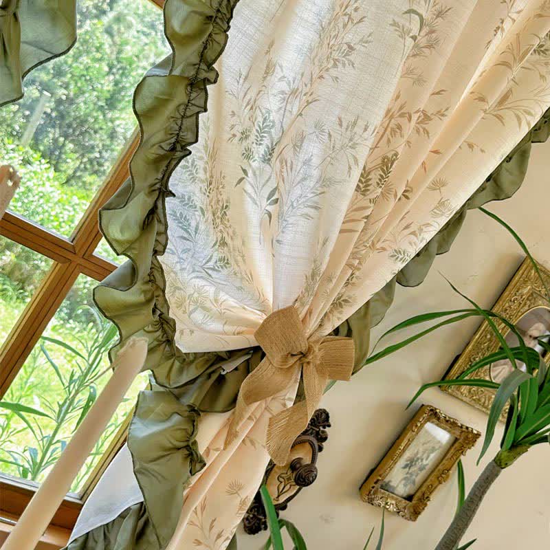 Rustic Style Semi-Blackout Bamboo Printed Ruffle Curtain