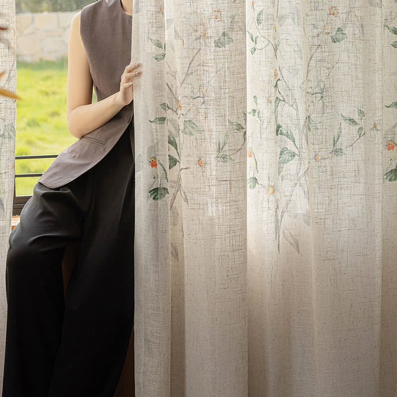 Linen Gauze Curtain | Bird and Plant Print | 59"x98"