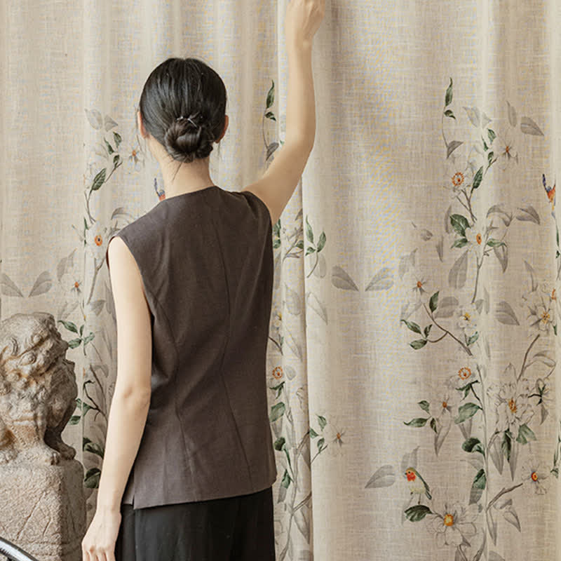 Linen Gauze Curtain | Bird and Plant Print | 59"x98"