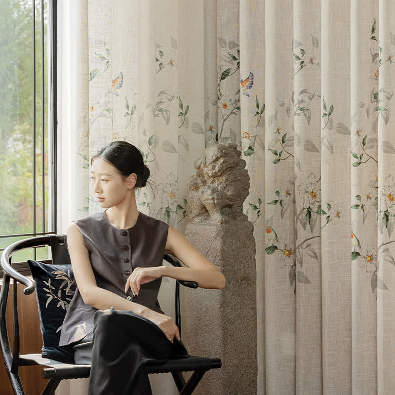 Linen Gauze Curtain | Bird and Plant Print | 59"x98"