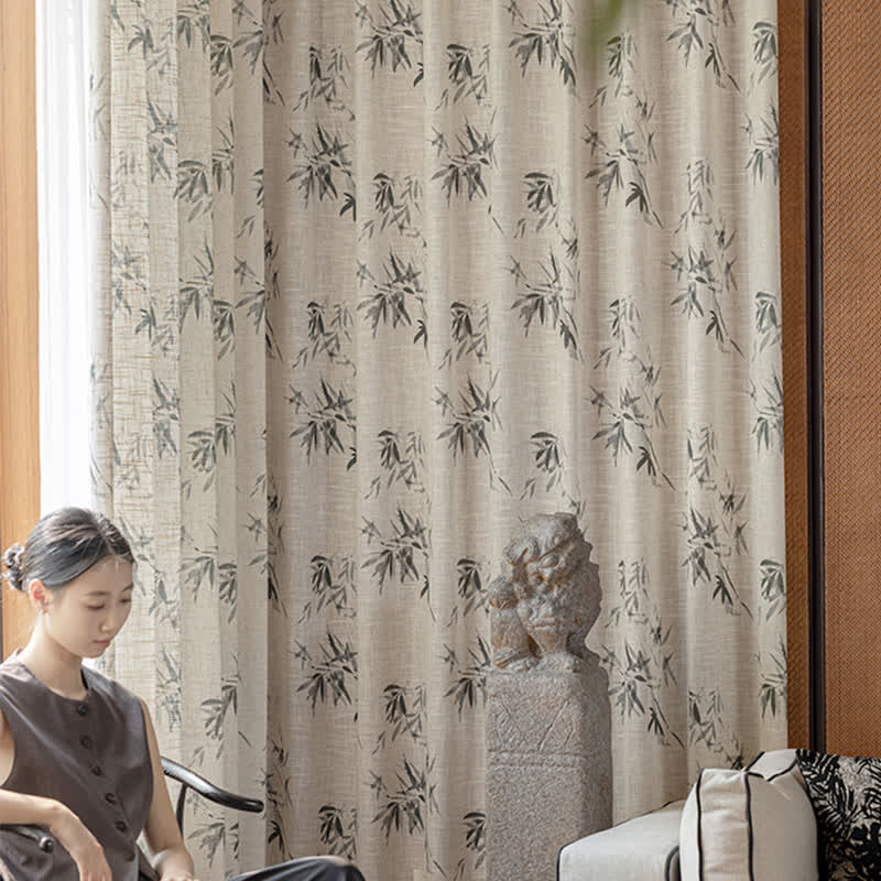 Linen Gauze Curtain | Bird and Plant Print | 59"x98"