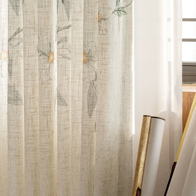 Linen Gauze Curtain | Bird and Plant Print | 59"x98"