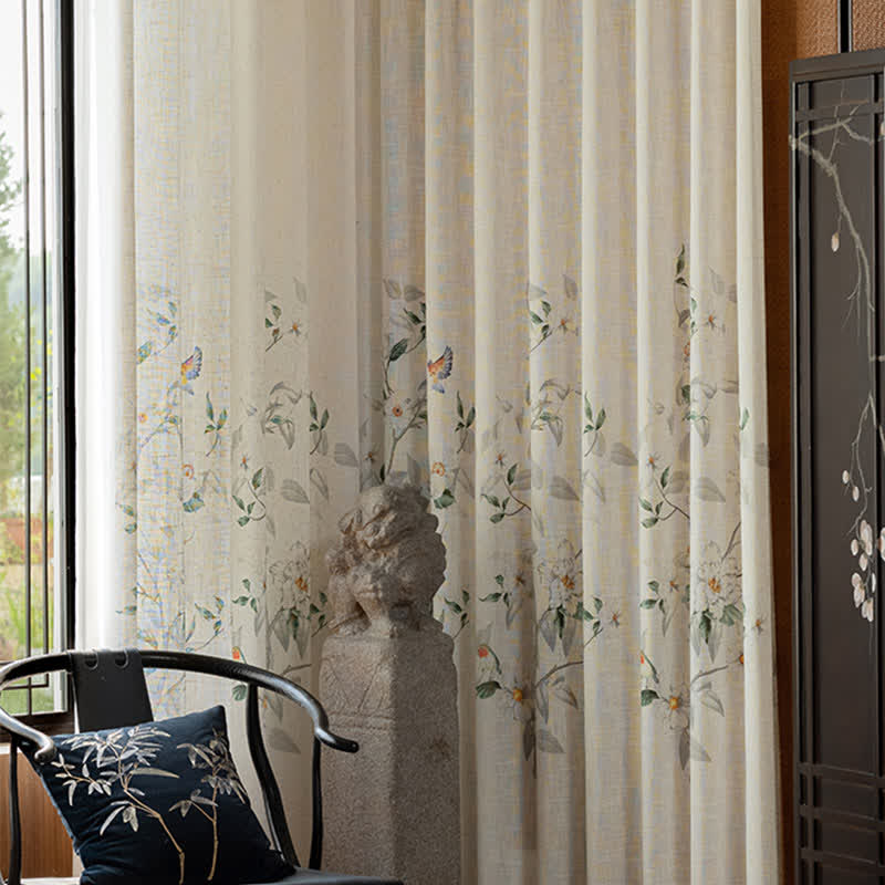 Linen Gauze Curtain | Bird and Plant Print | 59"x98"