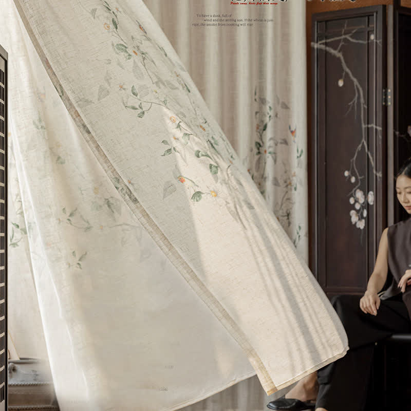 Linen Gauze Curtain | Bird and Plant Print | 59"x98"