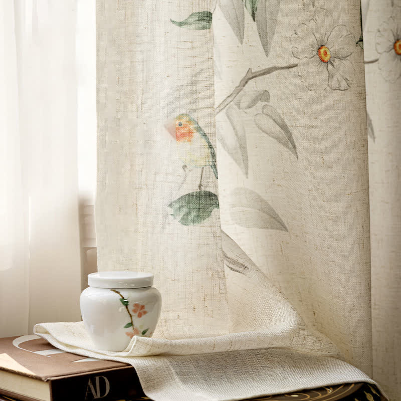 Linen Gauze Curtain | Bird and Plant Print | 59"x98"
