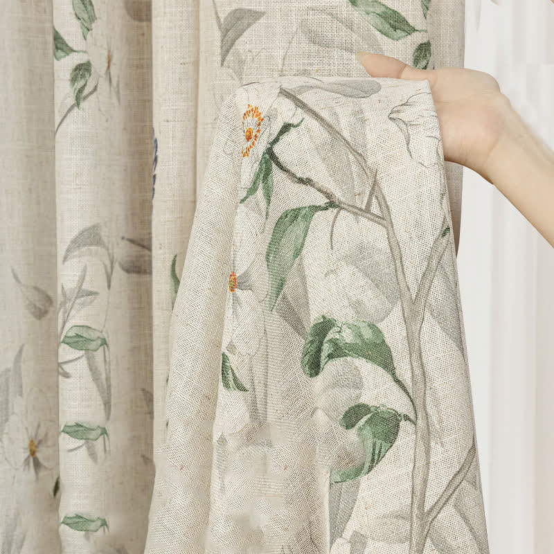 Linen Gauze Curtain | Bird and Plant Print | 59"x98"