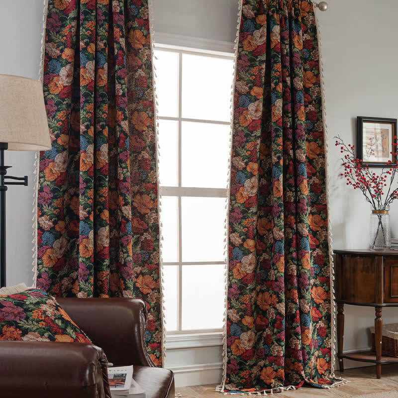 Jacquard Floral Semi-Blackout Tassel Curtain