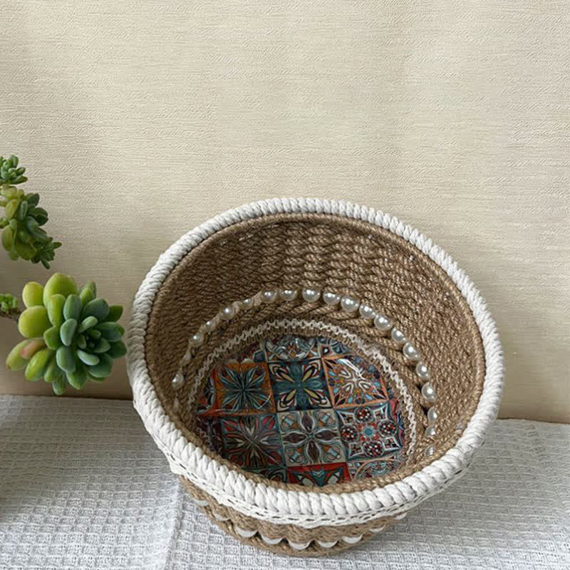 Hand-Woven Storage Basket | Natural Jute Rope with Pearl Accents | 7.09" x 7.09" x 4.92"