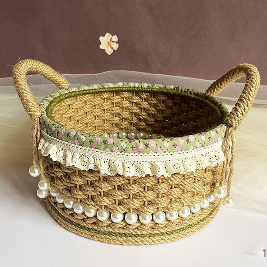 Hand-Woven Storage Basket | Jute Rope with Floral Lace | 9.84" x 9.84" x 4.33"