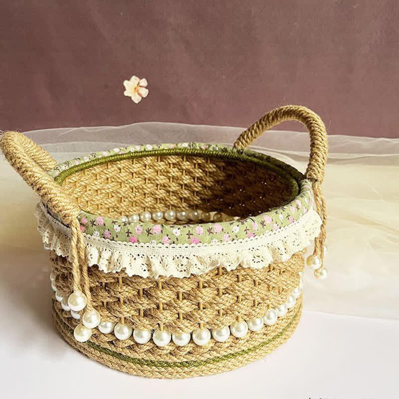 Hand-Woven Storage Basket | Jute Rope with Floral Lace | 9.84" x 9.84" x 4.33"
