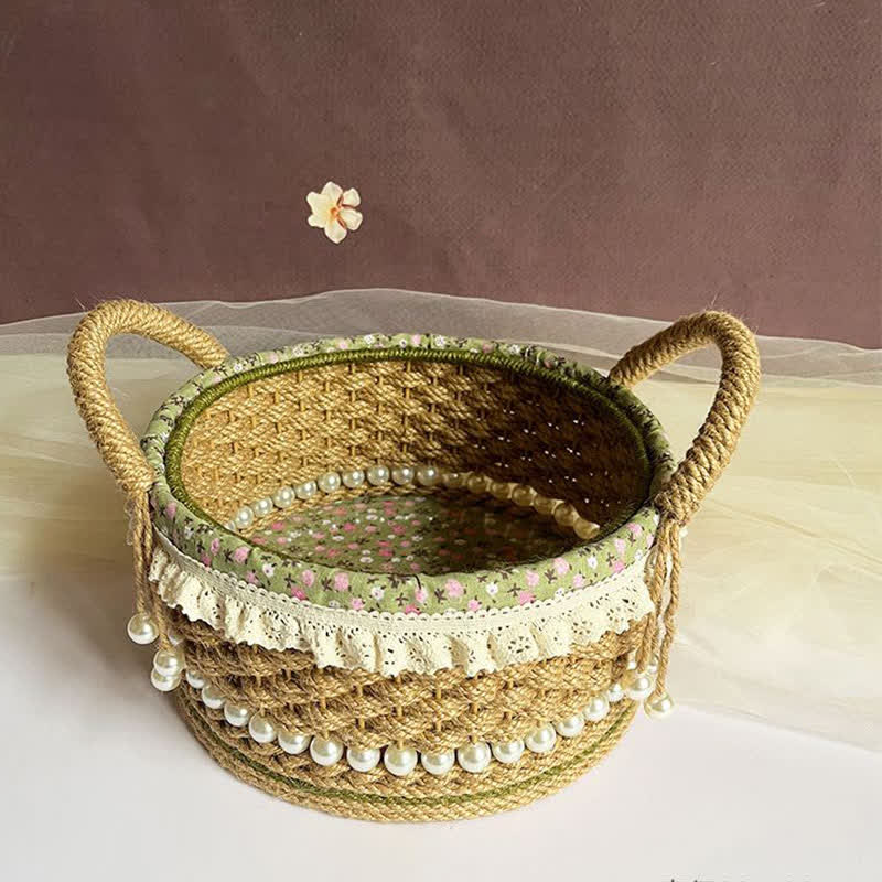 Hand-Woven Storage Basket | Jute Rope with Floral Lace | 9.84" x 9.84" x 4.33"