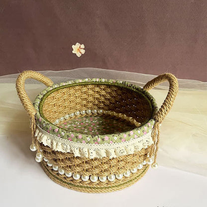 Hand-Woven Storage Basket | Jute Rope with Floral Lace | 9.84" x 9.84" x 4.33"