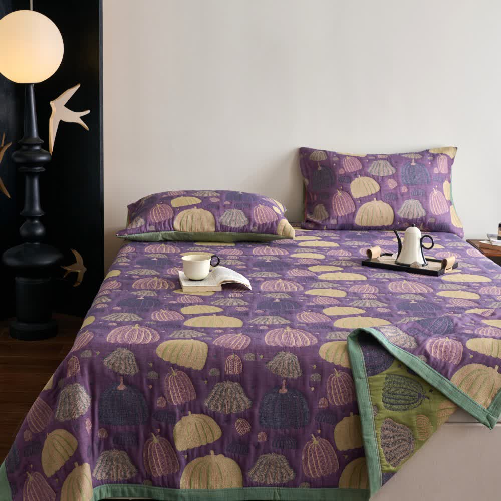 Three-Layer Cotton Gauze Pumpkin Quilt | Eco-Friendly 100% Cotton | Available in Full, Queen, Cal King, King Sizes