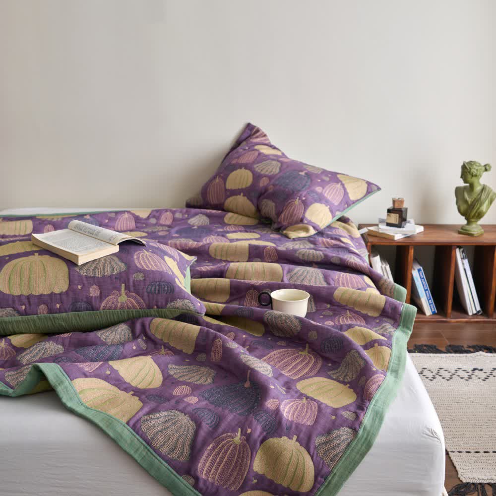 Three-Layer Cotton Gauze Pumpkin Quilt | Eco-Friendly 100% Cotton | Available in Full, Queen, Cal King, King Sizes
