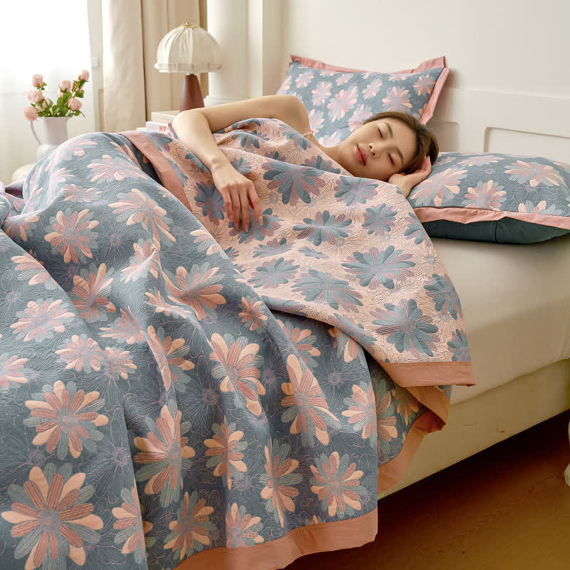 Reversible Floral Jacquard Blanket | Yarn-Dyed Cotton | 59"x79"