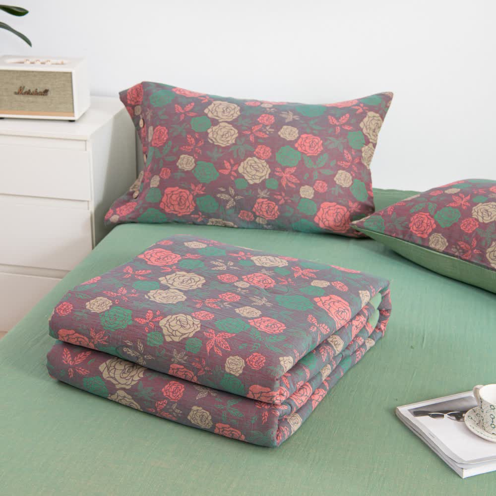 Vintage Rose Cotton Gauze Bedding Set | Eco-Friendly | Queen Size