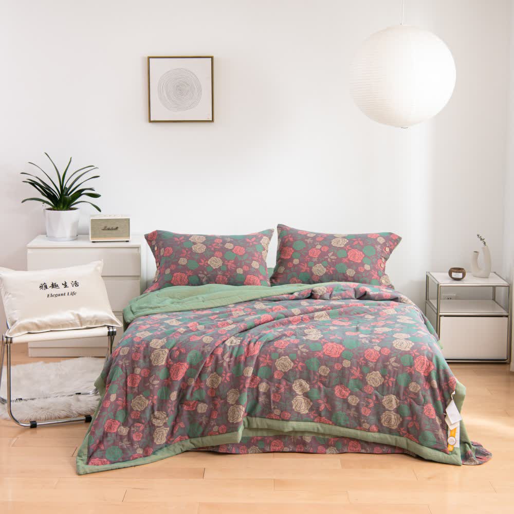 Vintage Rose Cotton Gauze Bedding Set | Eco-Friendly | Queen Size