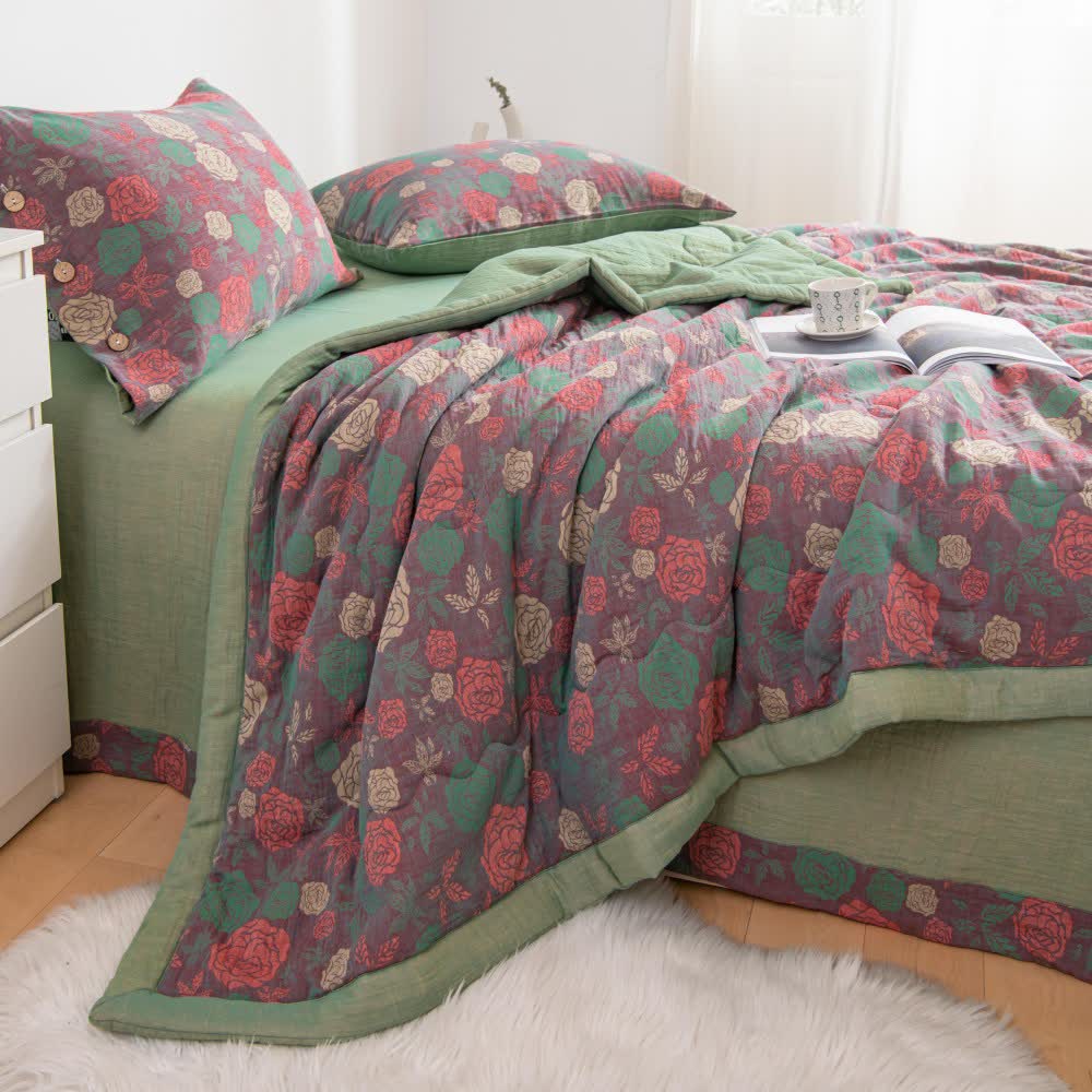 Vintage Rose Cotton Gauze Bedding Set | Eco-Friendly | Queen Size