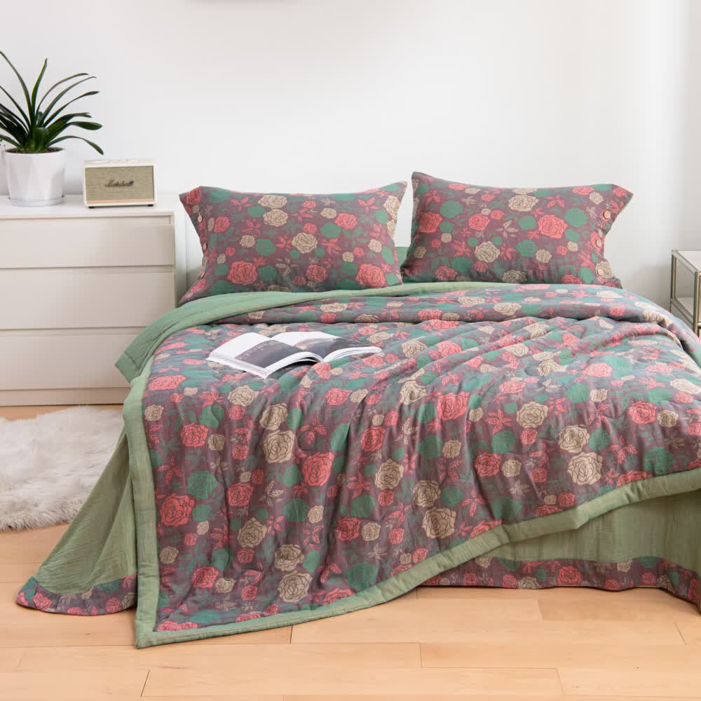 Vintage Rose Cotton Gauze Bedding Set | Eco-Friendly | Queen Size