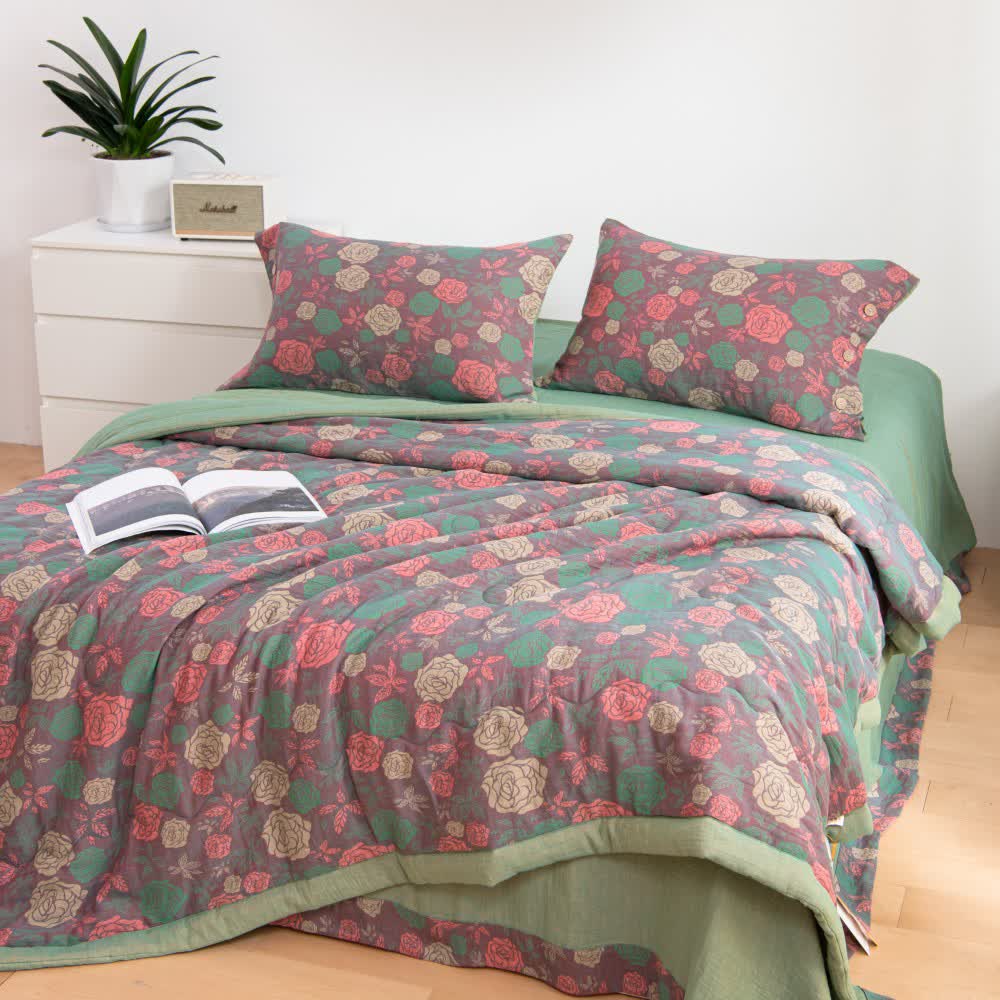 Vintage Rose Cotton Gauze Bedding Set | Eco-Friendly | Queen Size