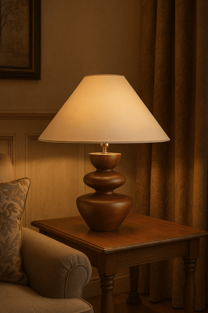 Ombra Totem Table Lamp | Wooden Base | Linen Shade | 40cm Diameter